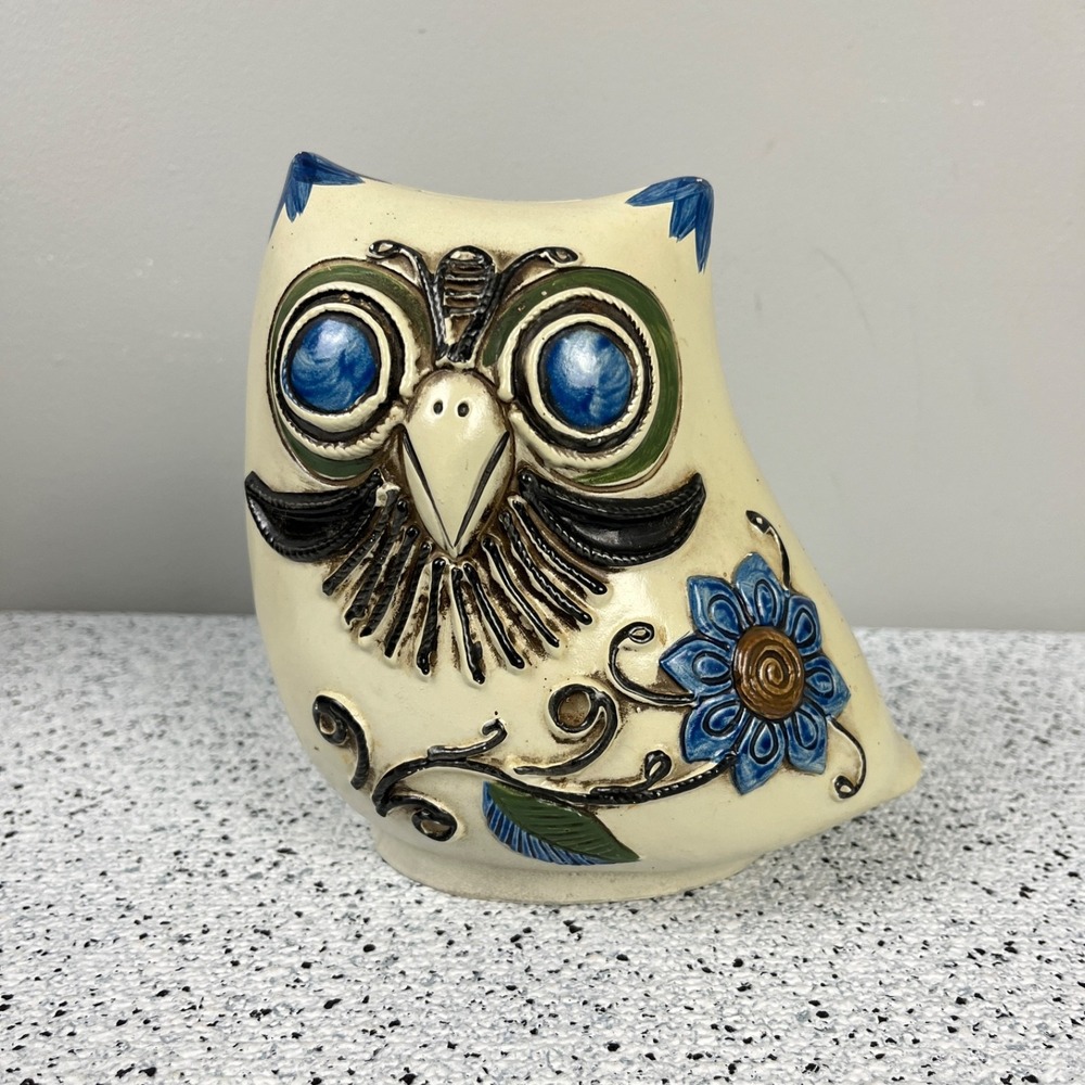 Collegiate Chalkware Owl Vintage Piggy Bank Hand Painted Japan Mid Century